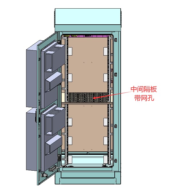 Technical diagram text indicating a middle partition with mesh holes (perforated middle shelf) for a cabinet. Technical diagram text indicating a middle partition with mesh holes (perforated middle shelf) for a cabinet.